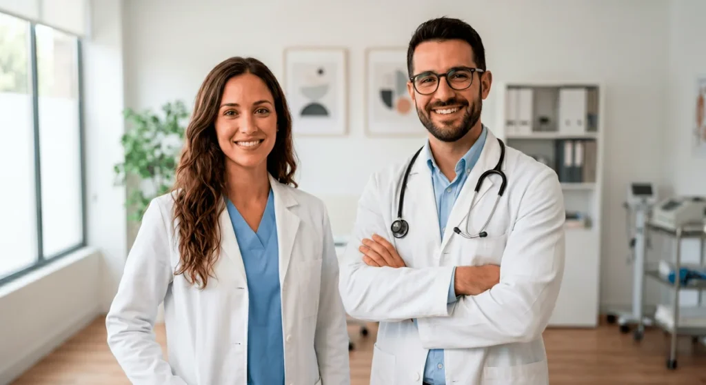Dos profesionales de la salud con bata de laboratorio sonriendo, representando el equipo humano y el compromiso del sector farmacéutico.