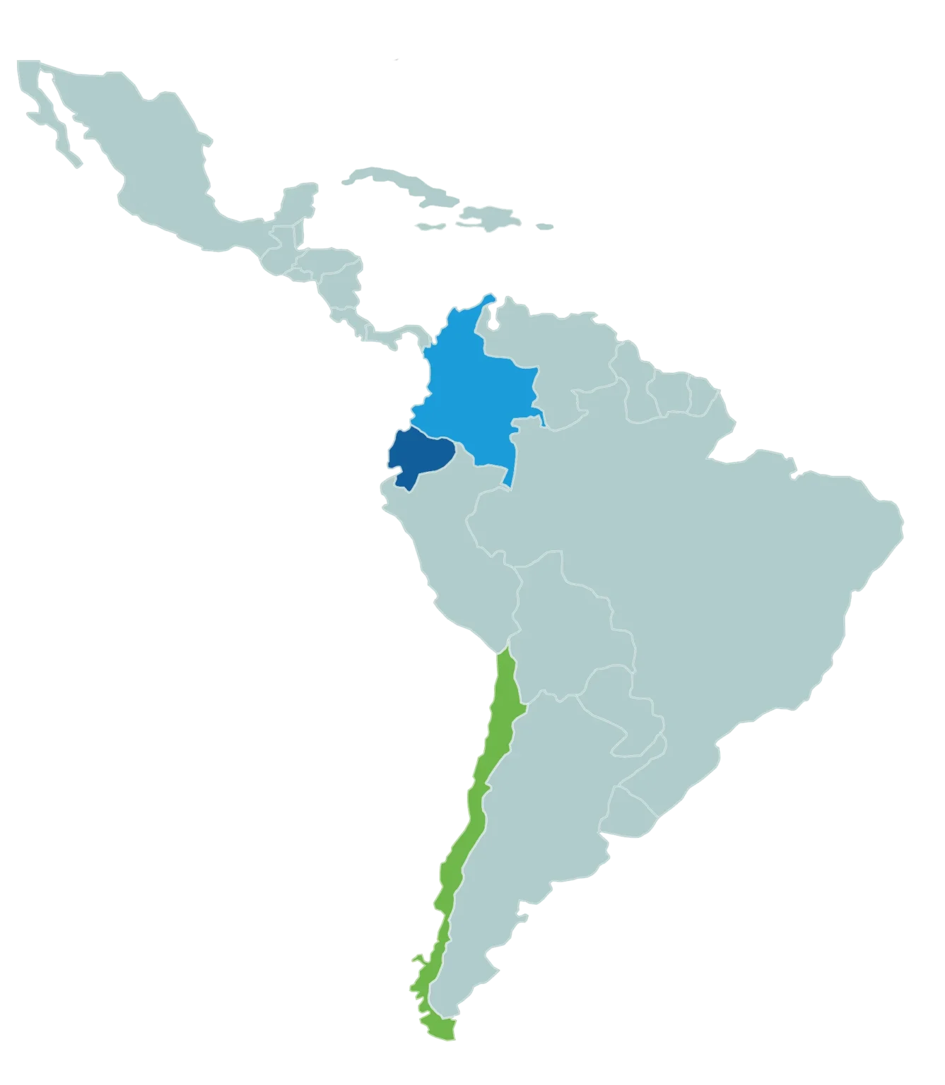 Mapa de presencia de Sicmafarma en Latinoamérica con paises como Colombia, Ecuador y Chile.